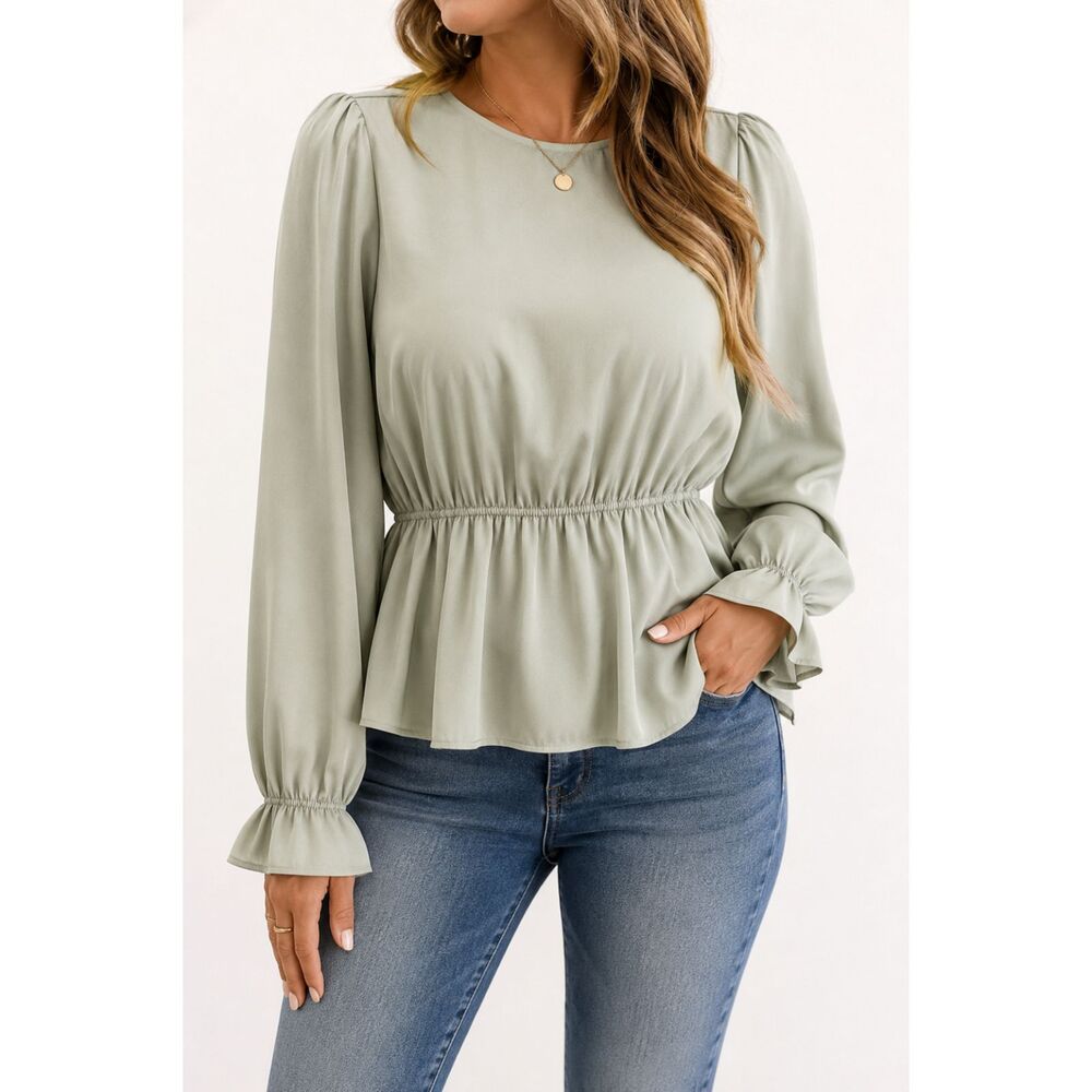 Zenana Sage Green Ruffle Hem Blouse Women's XL Boho Top